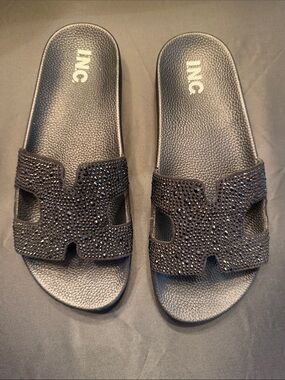 INC Black Crystal Embellished Slide Sandals